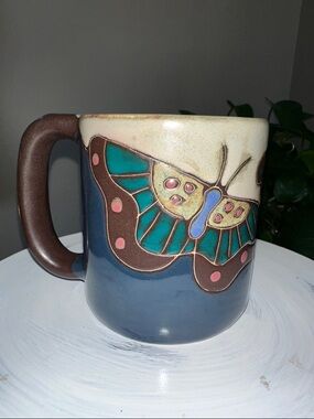Handpainted Mara Stoneware Butterfly Mug in Blue, Brown & Cream NWOT